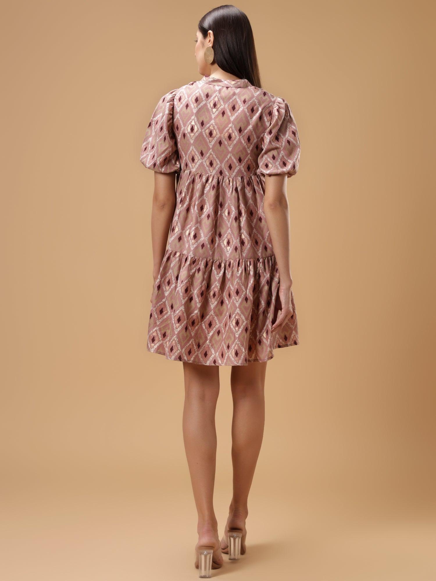 Printed Puff Sleeve Short Dress